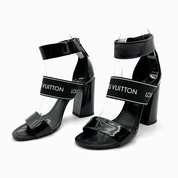 LOUIS VUITTON Trail Black Patent Leather Logo Sandal Size 37 Block Heel - Picture 12 of 12
